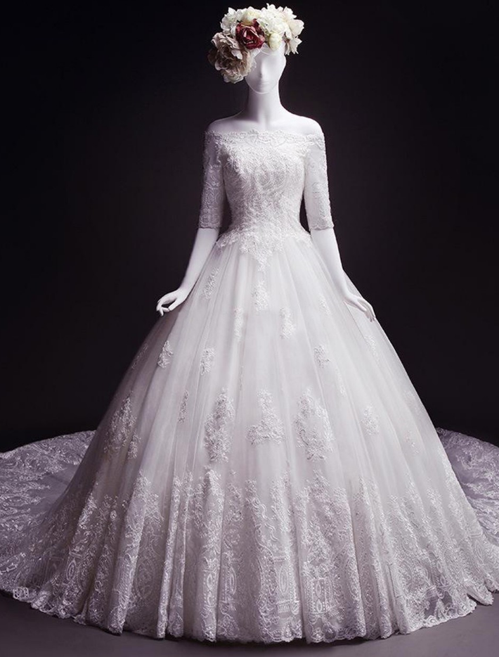 Latest Design Wedding Dress, Lace Wedding Dress, Half Sleeves Wedding Dress,ball Gown Wedding Dress,off-the-shoulder Bridal Dress,court Train