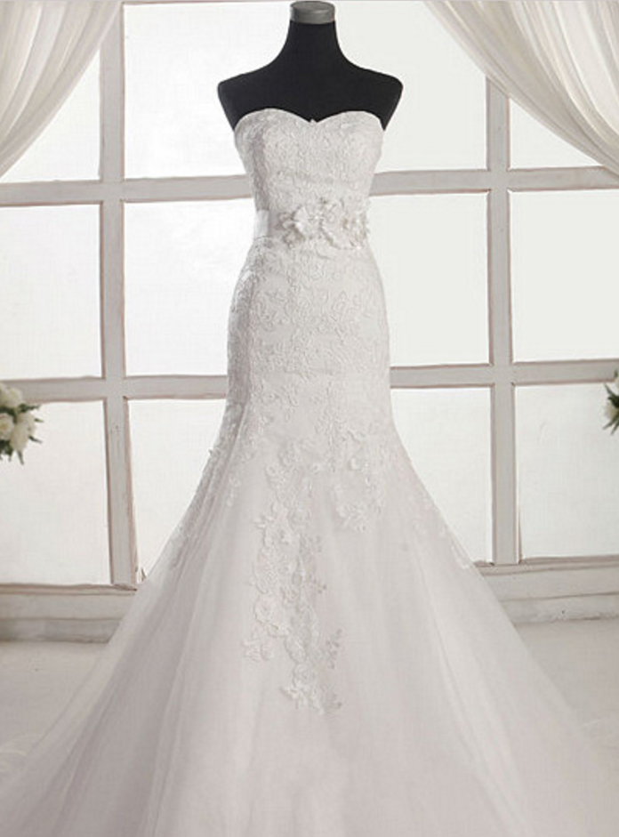 Floral Lace Appliqués Sweetheart Floor Length Tulle Mermaid Wedding Dress