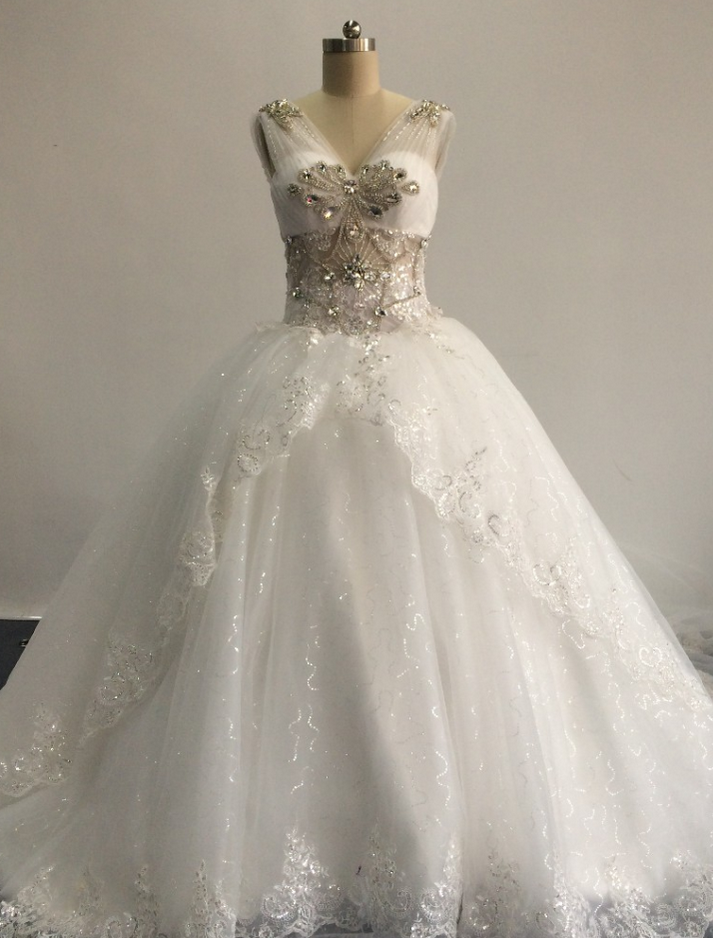 Luxury V Neck Beaded Crystals Sleeveless Ball Gown Puffy Long Wedding Dresses Bride Dress