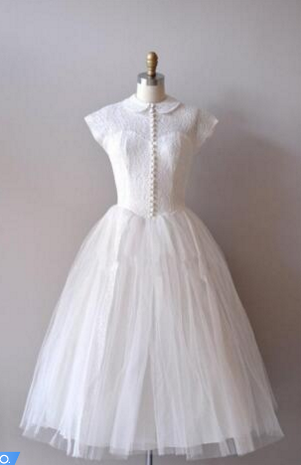 Vintage Knee-length Short Tulle Wedding Dress With Cap Sleeves And Collar