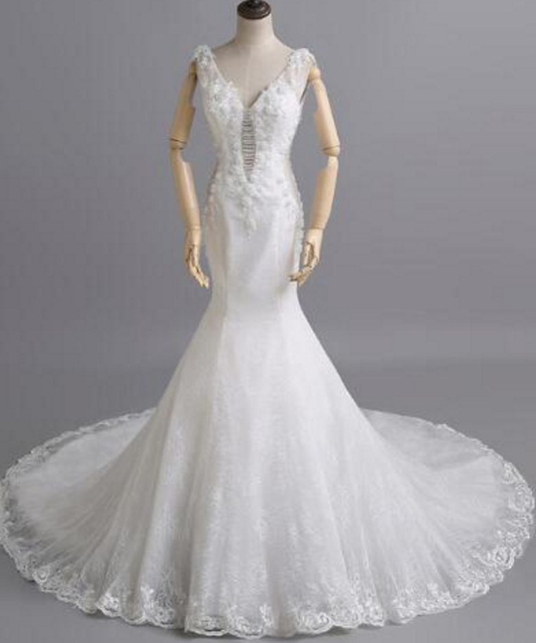 Sexy Mermaid Lace Crystal Chapel Train Bride Wedding Dresses Bridal Gown