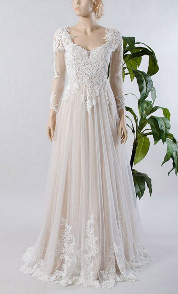Custom Made Wedding Dresses, A-line Wedding Dresses, V-neck Wedding Dresses, Tulle Lace Bridal Dresses, Long Sleeve Wedding Dresses