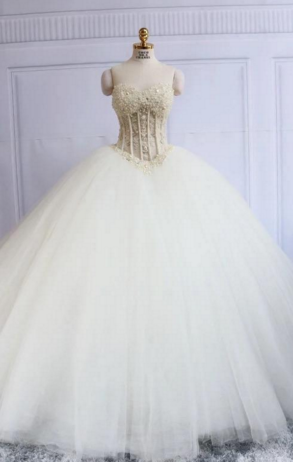 Luxury Wedding Dress, Ball Gown Wedding Dresses.with Pearls Bridal Dress, Tulle Long Bridal Gown