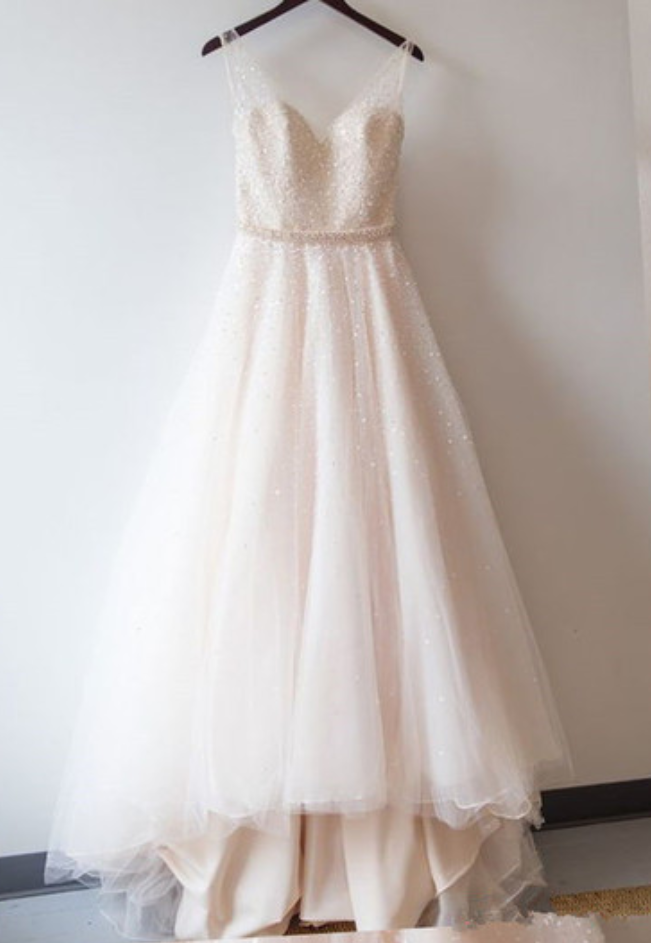 Beaded Embellished Plunge V Sleeveless Floor Length Tulle Wedding Gown