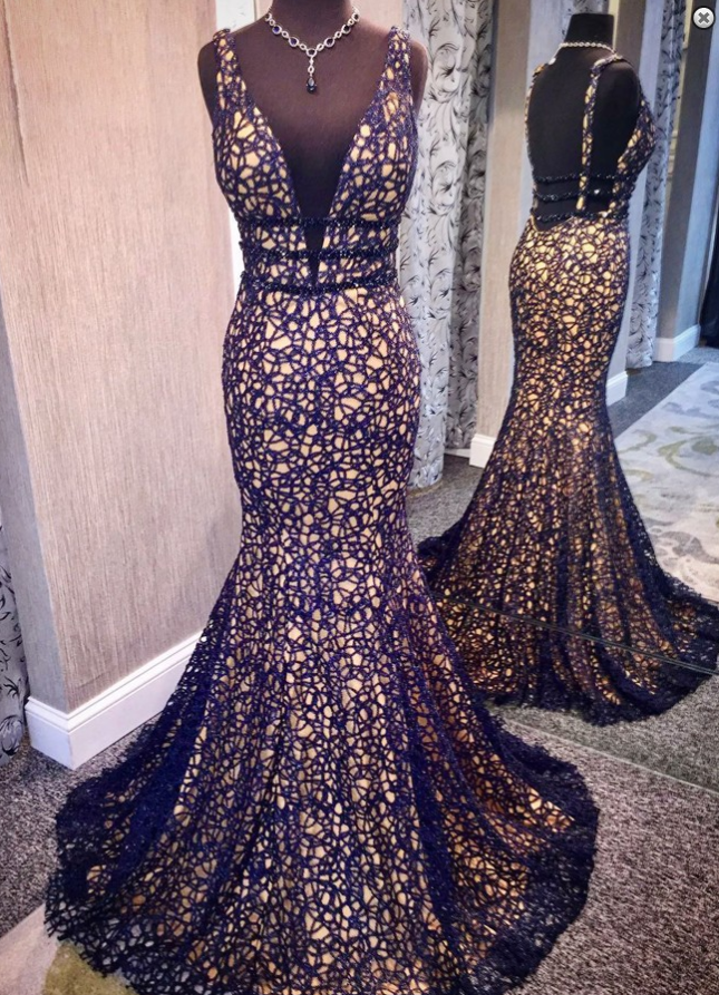 Mermaid Deep V-neck Backless Dark Blue Lace Prom Dress With Beading