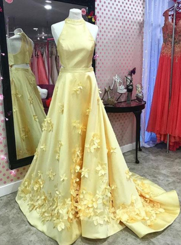 Unique Yellow Satin Long Prom Dress, Yellow Evening Dress
