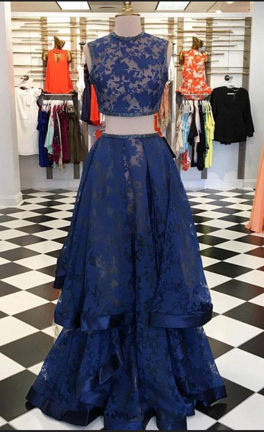 Two Piece Blue Lace Square Long Evening Prom Dresses, Cheap Party Custom Prom Dresses, 18630
