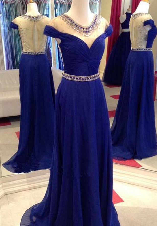 Sheer Neck Long Prom Dress,royal Blue Chiffon Prom Dresses, With Twisted Bodice Prom Dress,long Evening Dresses