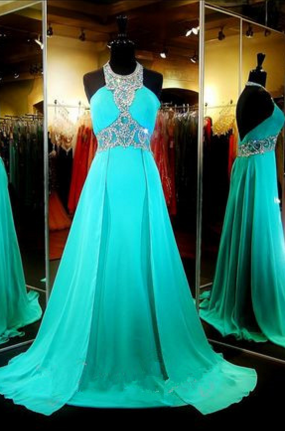 Turquoise Chiffon Prom Dresses Long A-line Evening Dresses Backless Formal Gowns Halter Party Dresses Graduation Dresses For