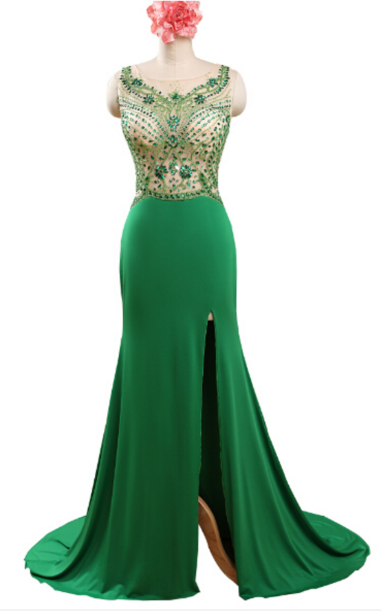 Green Beaded Mermaid Evening Dresses Long Elegant Side Split Chiffon Prom Dress Robe De Soiree Formal Gowns