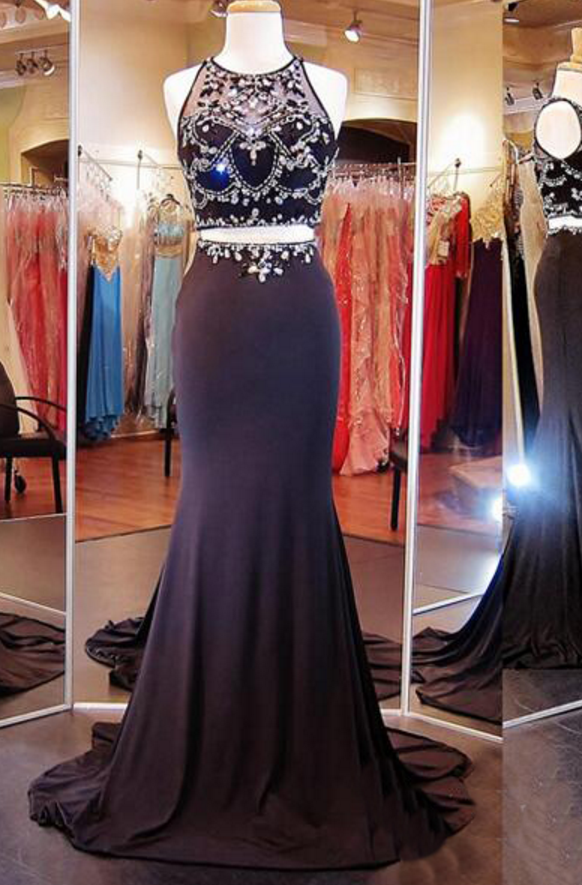 Black Prom Dress, Mermaid Prom Dress, Two Piece Prom Dress, Elegant Prom Dress, Sexy Prom Dress, Sheer Back Prom Dress, Rhinestone Prom Dress
