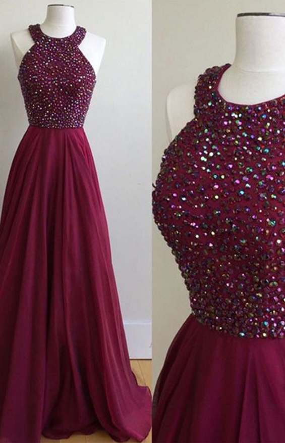 A-line Halter Sweep Train Burgundy Chiffon Prom Dress With Beading,burgundy Chiffon Long Prom Dresses,pageant Senior Prom Gowns,long Party Formal