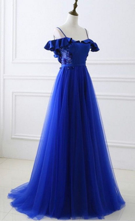 Off The Shoulder Royal Blue Prom Dress Tulle Long Prom Dresses