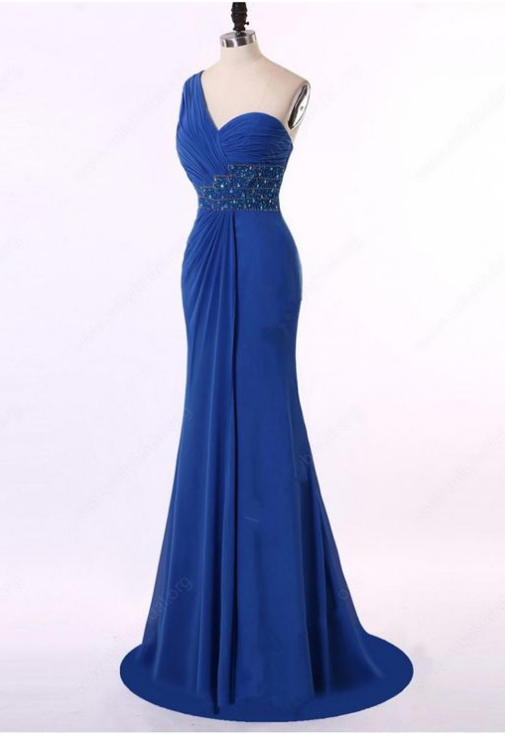 One Shoulder Amazing Royal Blue Chiffon Beading Trumpet/mermaid