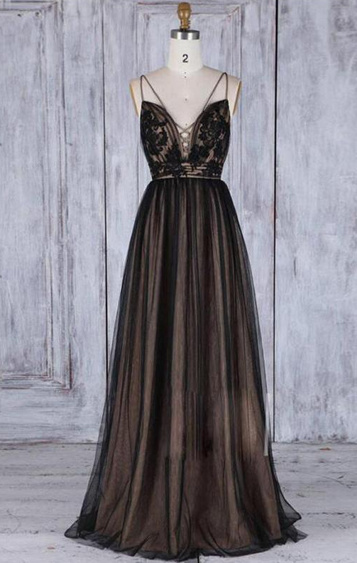 Chic Black Long Straps Tulle A Line Prom Dress,evening Dresses