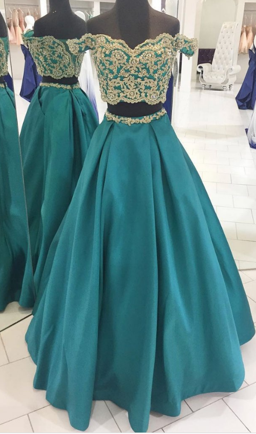 Two Pieces Off Shoulder Green Long Prom Dress,