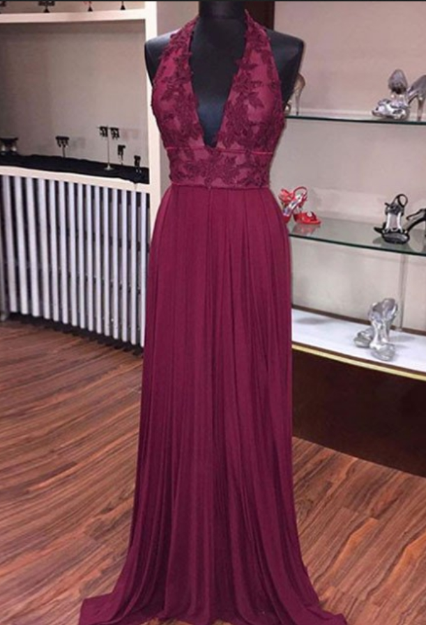 Burgundy V Neck Chiffon Lace Applique Long Prom Dress