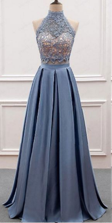 Two Pieces High Neck Lace Top Long Prom Dress