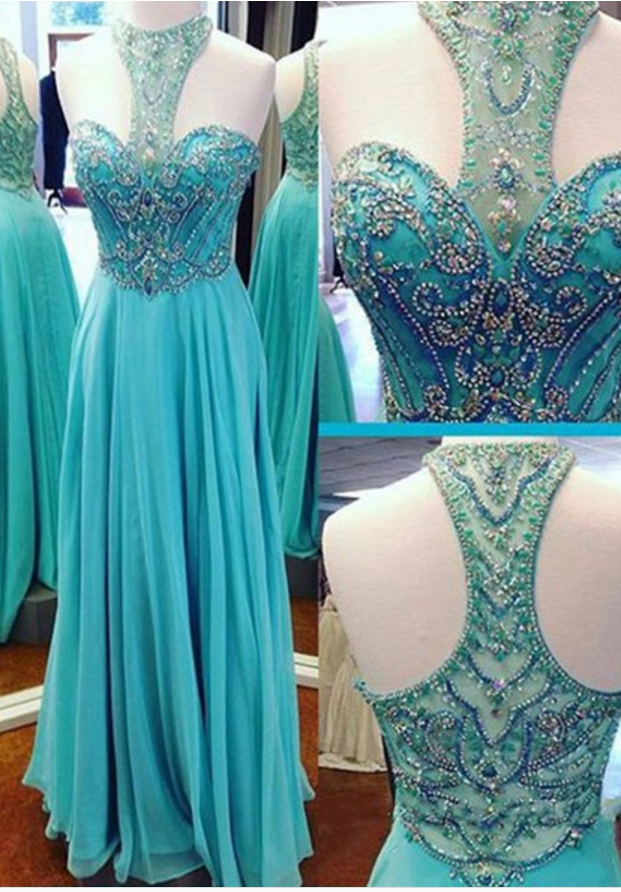 Beaded Prom Dress,a-line Chiffon Evening Dress,turquoise Chiffon Prom Dresses, Prom Dress,long Sexy Prom Dress
