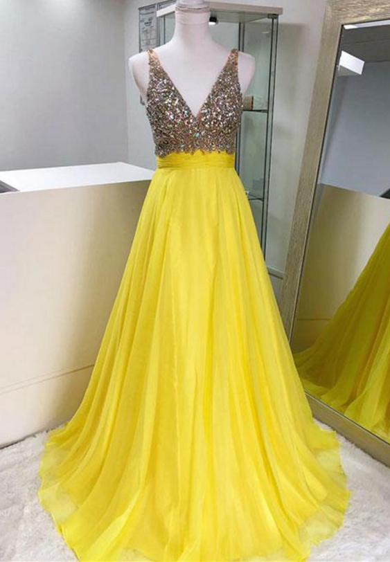 Yellow V Neck Chiffon Beaded Long Prom Dress, Yellow Evening Dress