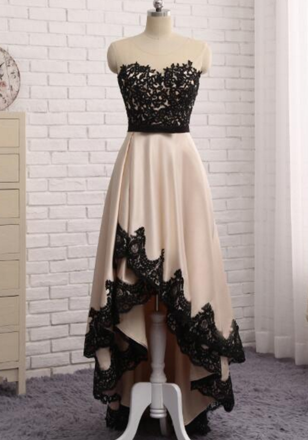 Evening Dress Front Short Back Long Black Lace Champagne Prom Dress
