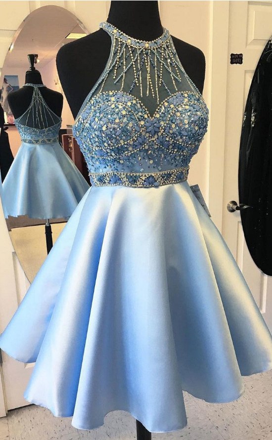 Light Blue Homecoming Prom Dress Popular Short Homecoming Dresses With A-line/princess Side Zipper Beaded/beading Dresses