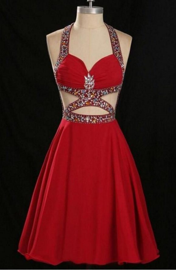 Red Homecoming Dresses, Short Homecoming Dresses, Charming Red Halter Beaded Open Back Chiffon Homecoming Dresses
