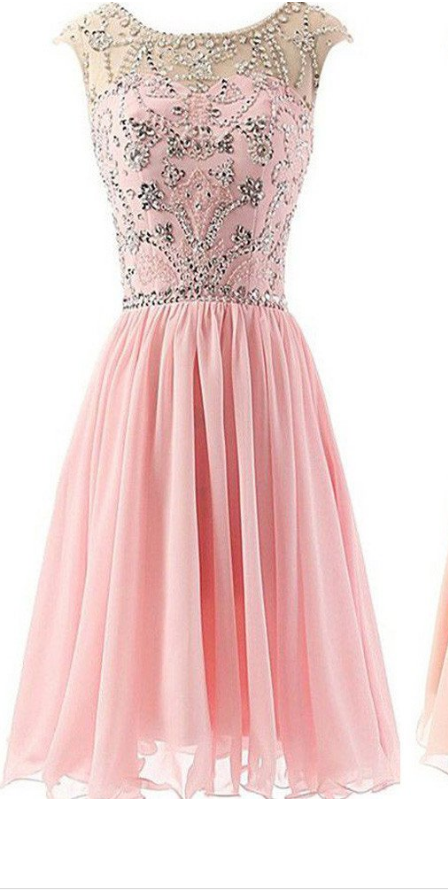 Blush Pink Beaded Chiffon Cute Graduation Dresses, Homecoming Prom Dresses