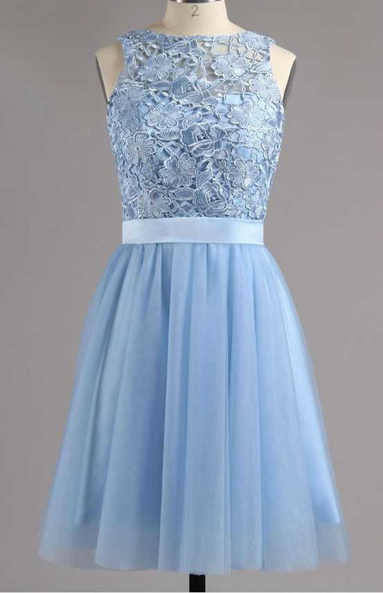 Light Blue Lace Appliques Homecoming Dress With Sash on Luulla
