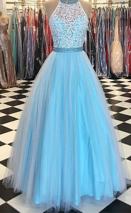 Pretty Blue One Shoulder Lace Tulle Evening Dress Long Prom Dress cc2172