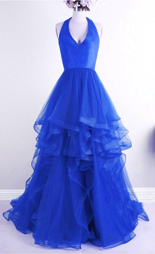 Blue Tulle Prom Dress, Halter Neck Prom Dress, Tulle Evening Dress, Long Prom Dress
