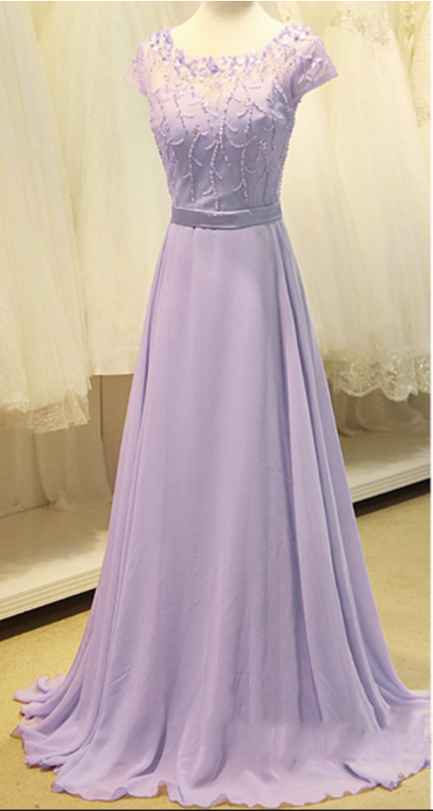 Lavender Short Sleeves Chiffon Long Prom Dress With Illusion Bateau Neckline