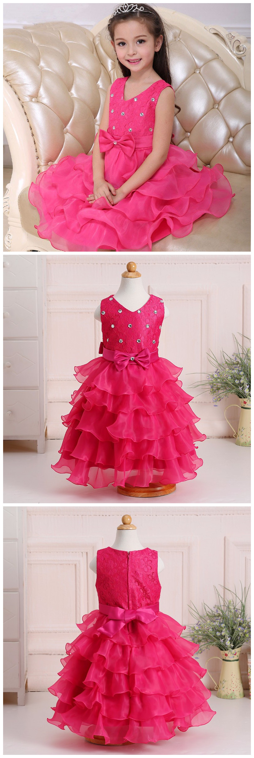 Flower Girl Dresses, Rhinestones And Bow Decorate Kid Girls Wedding Dress Cute Tiered Little Girls Prom Ball Gown
