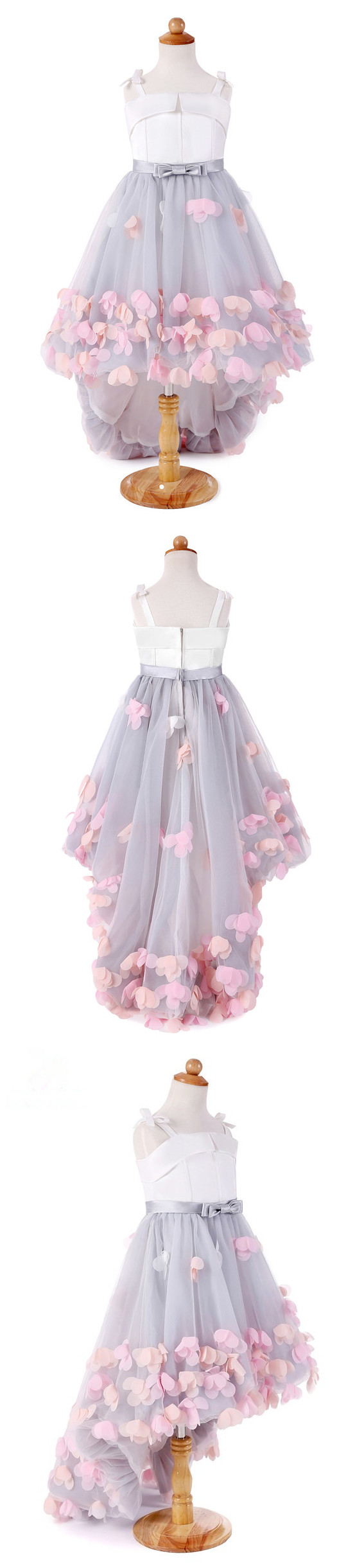 Flower Girl Dresses For Wedding Short Front Long Back Satin With Tulle Appliques Straps Party Bll Gown