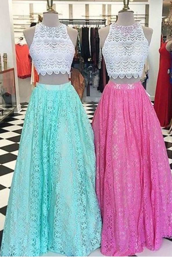 Lace Two Pieces Round Neck A-line Long Prom Dress For Teens
