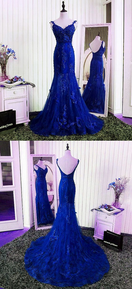 Gorgeous V- Neck Open Back Lace Evening Dresses Mermaid Prom Gowns