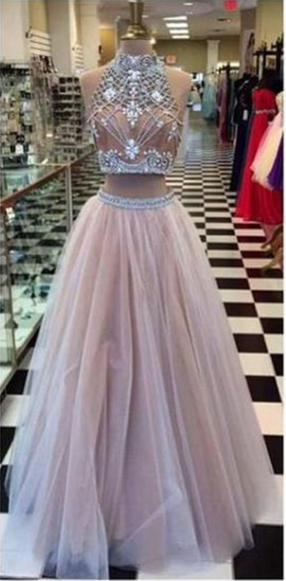 Two Piece High Neck Pretty Open Back Popular Fashion Charming Long Prom Dresses Online