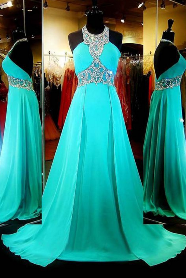 Blue Floor Length Prom Dresses,Halter Backless Evening Dresses,Top Beading A-Line Dresses