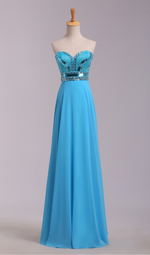Long Sweetheart Blue Prom Dresses With Rhinestones,sexy Strapless Chiffon Evening Gowns
