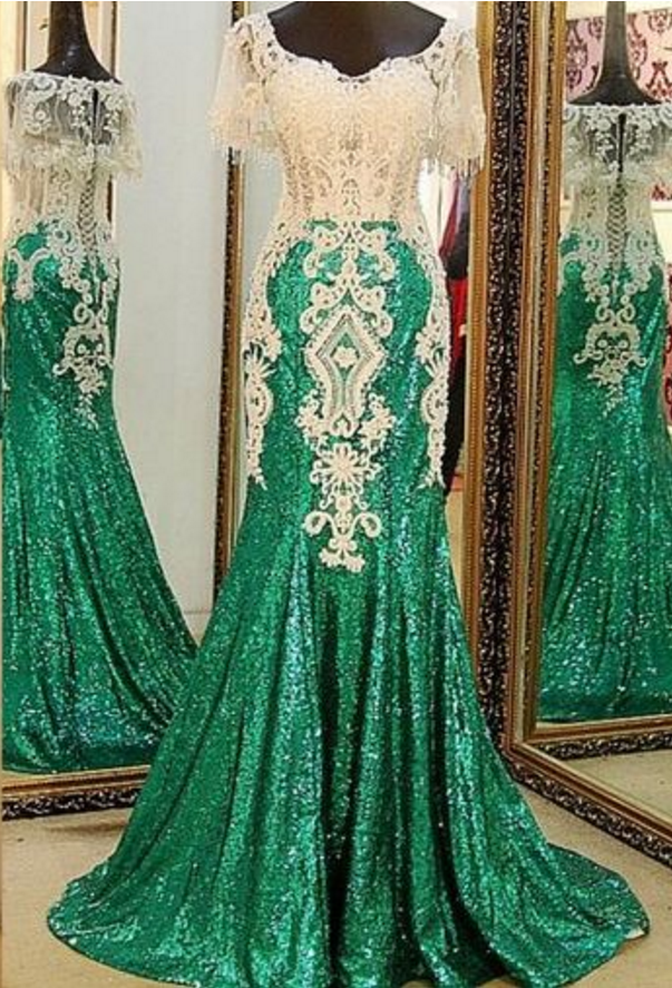 Cap Sleeve Sparkly Green Prom Dresses With White Lace