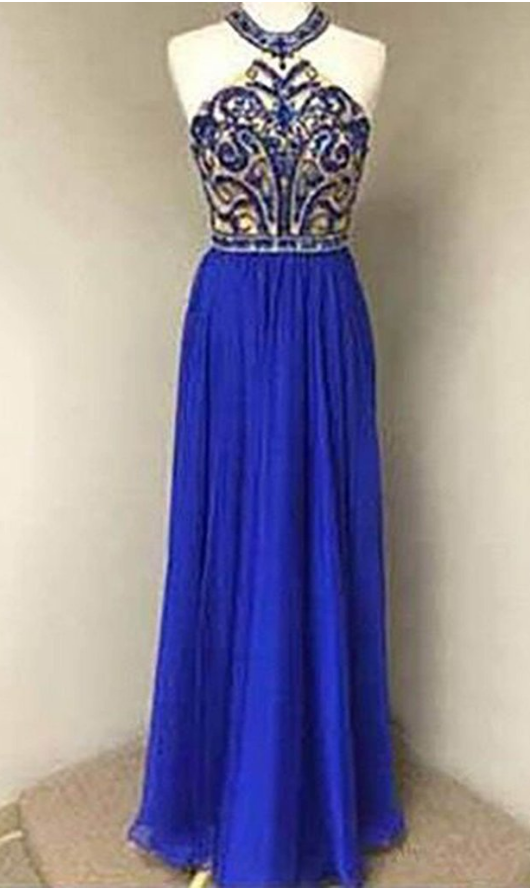 Navy Blue Chiffon Sequins Halter Long Dresses,evening Dresses For Prom