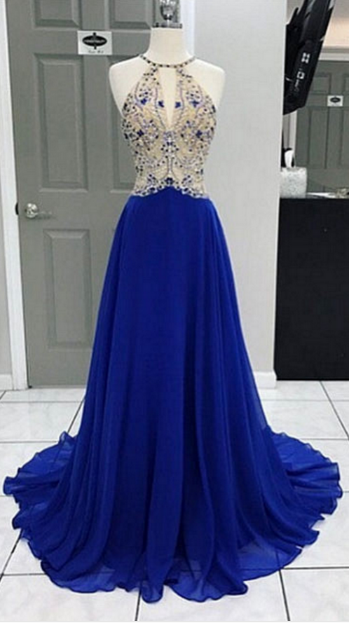 Royal Blue Evening Dresses Long Elegant Halter Chiffon Beaded Prom Dress Formal Gowns