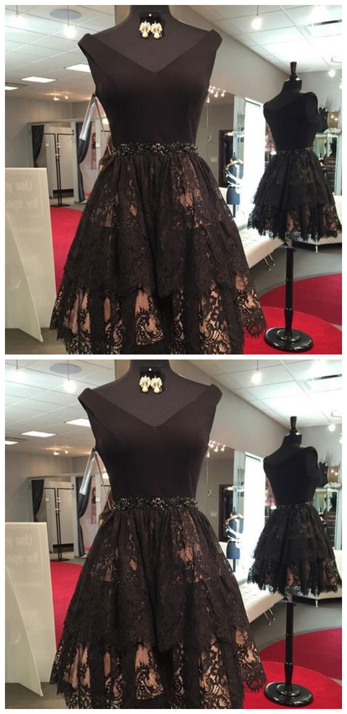 Black Short Lace Homecoming Dresses With Beading, Vintage Dresses For Freshman Homecoming