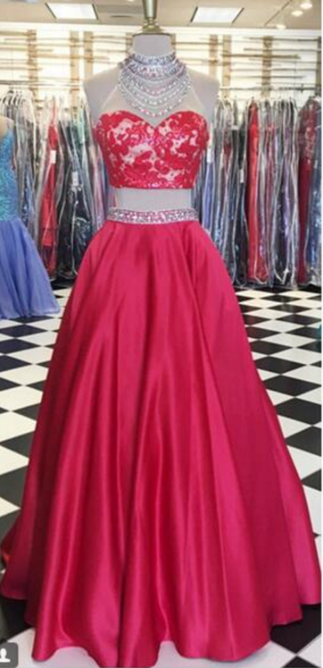 Prom Dresses Red Two Pieces Prom Dresses High Neck Sleeveless Beading,evening Gowns,formal Dress