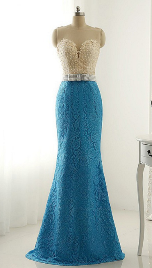 Sleeveless Sheer Beaded Lace Mermaid Long Prom Dress, Evening Dress