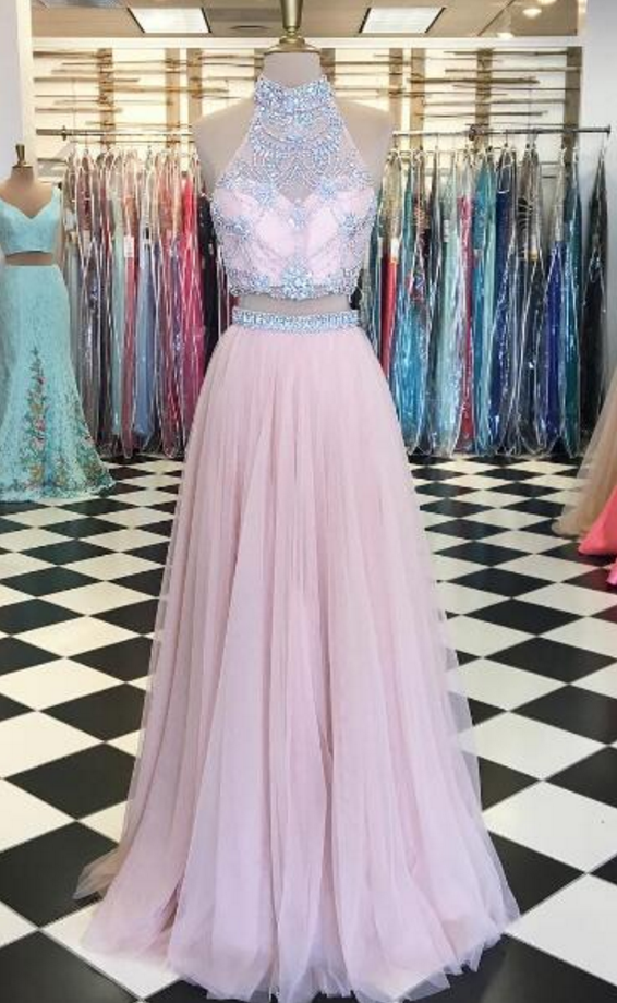 Pink Prom Dress, 2 Piece Prom Dress, Beaded Prom Dress, High Neck Prom Dress, Tulle Prom Dress, Sleeveless Prom Dress, A Line Prom Dress, Prom
