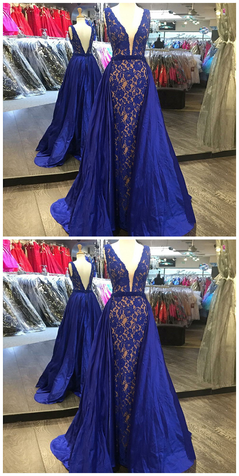A-line V-neck Sweep Train Royal Blue Stretch Satin Prom Dress With Lace Beading