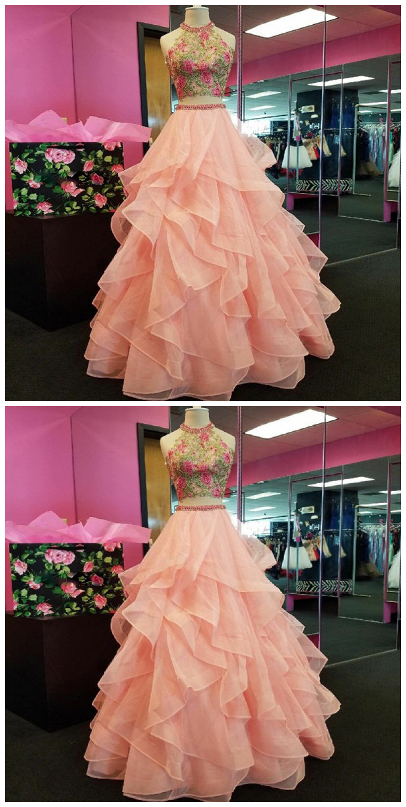 Two Piece Round Neck Asymmetry Pink Tulle Prom Dress With Appliques