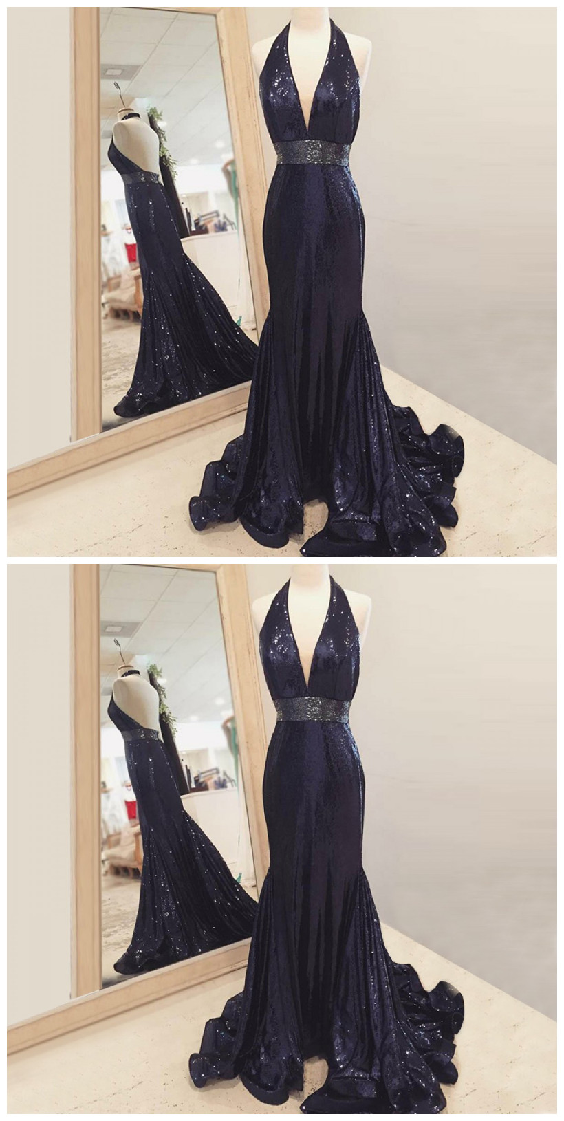 Mermaid Halter Backless Sweep Train Navy Blue Sequined Prom Dress With Ruffles