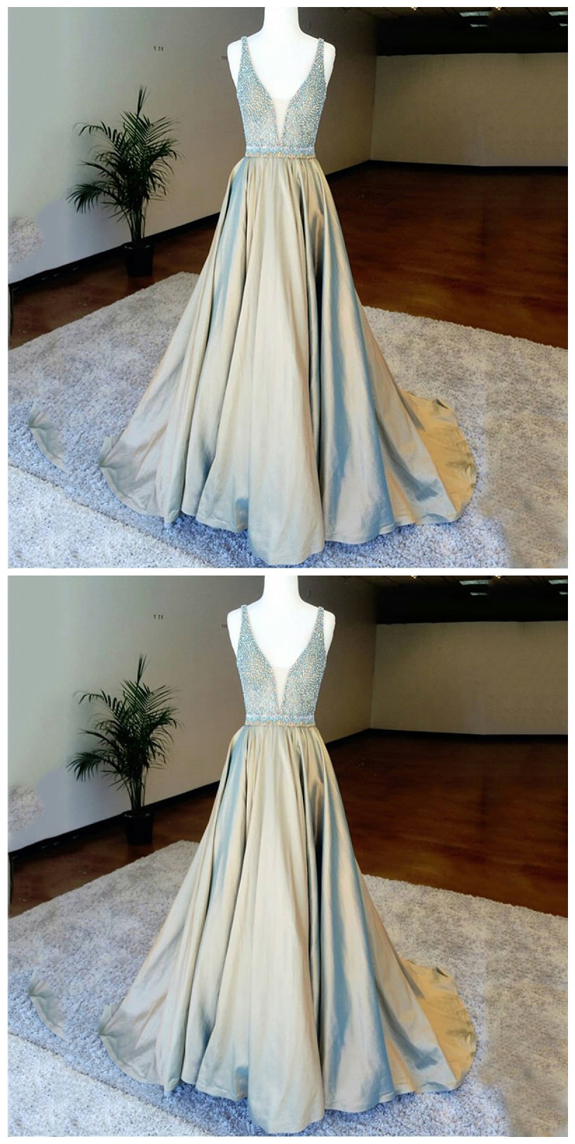 A-line Deep V-neck Floor-length Light Champagne Prom Dress With Beading